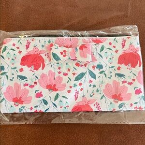 Floral Bow Zip Clutch Wallet - Pink/White